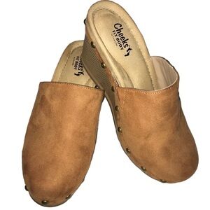 Cognac Studded Wedge Mules Clogs Cheeks Fit Body